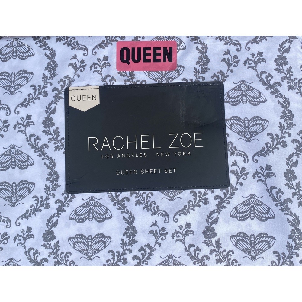 Rachel Zoe Queen Sheet Set Death Head Moth Skull Gothic Halloween White Grey NWT